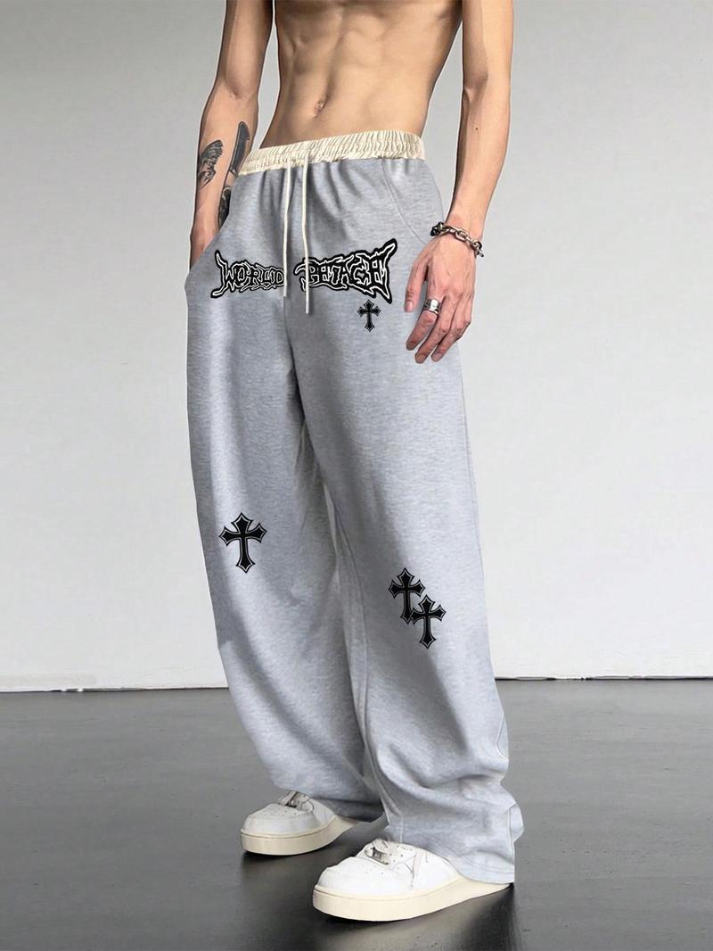 Product Introduction of Men's Patchwork Spider Web Print Drawstring Waist Pants, Casual Street Pocket Straight Leg Trousers for Daily Wear, Fashion Men's Bottoms for All Seasons 12