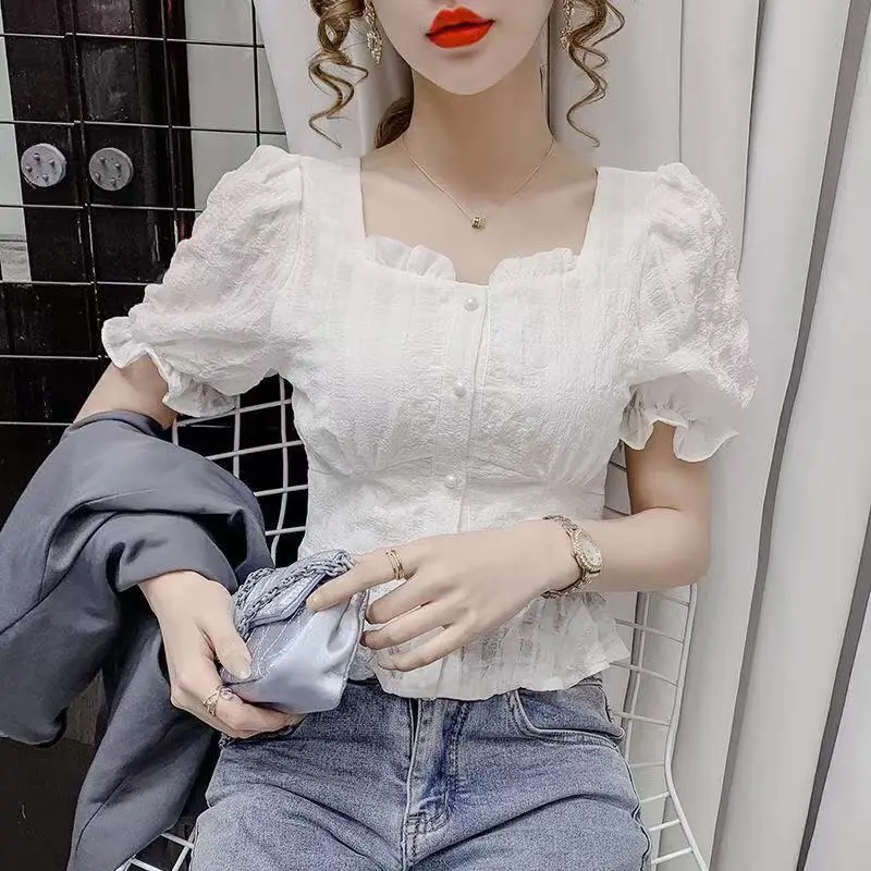 Áo Xếp Ly ngắn Tay Kiểu Pháp, Thiết Kế Đẹp, Cổ Vuông Độc Đáo Áo Cánh Voan Ngắn, Dành Cho Nữ, Hàng Mới Về Mùa Hè 2025