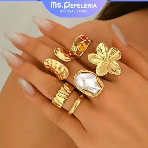 Cincin Wanita Dewasa Bohemian Mutiara Batu Permata Titanium Anti Alergi Adjustable Aksesoris Cantik Murah