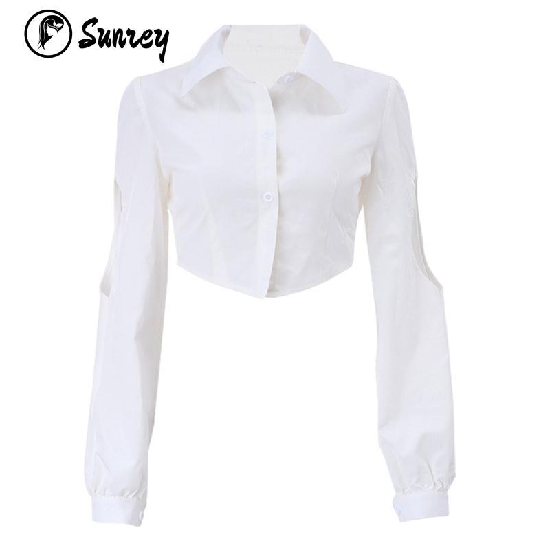 Product Introduction of Sunrey Women's Spring Autumn Crop Tops White Long Sleeve Lapel Hollow Button Down Blouse 31
