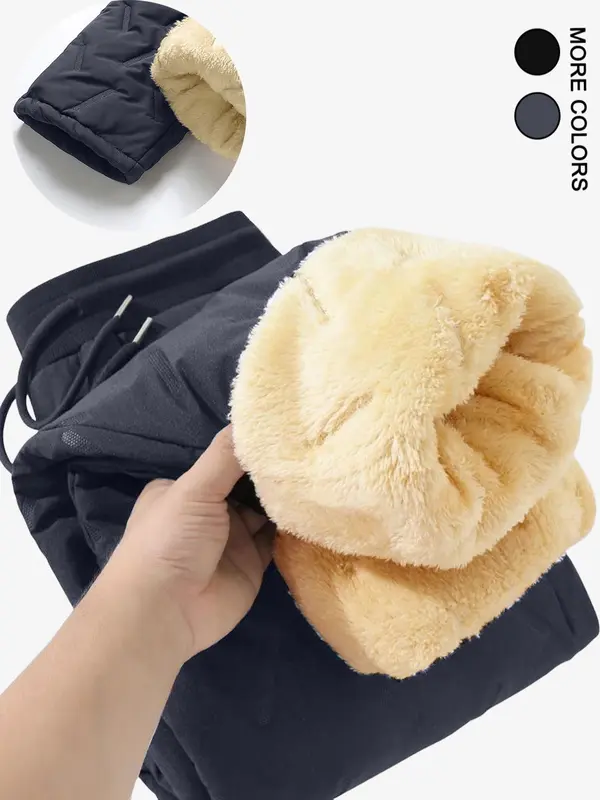 Men's Regular Fit Plain Drawstring Waist Thermal Lined Jogger Pants, Casual Warm Waterproof Zipper Pocket Trousers for Daily Wear, Men's Bottoms for Winter, Work Trousers 2