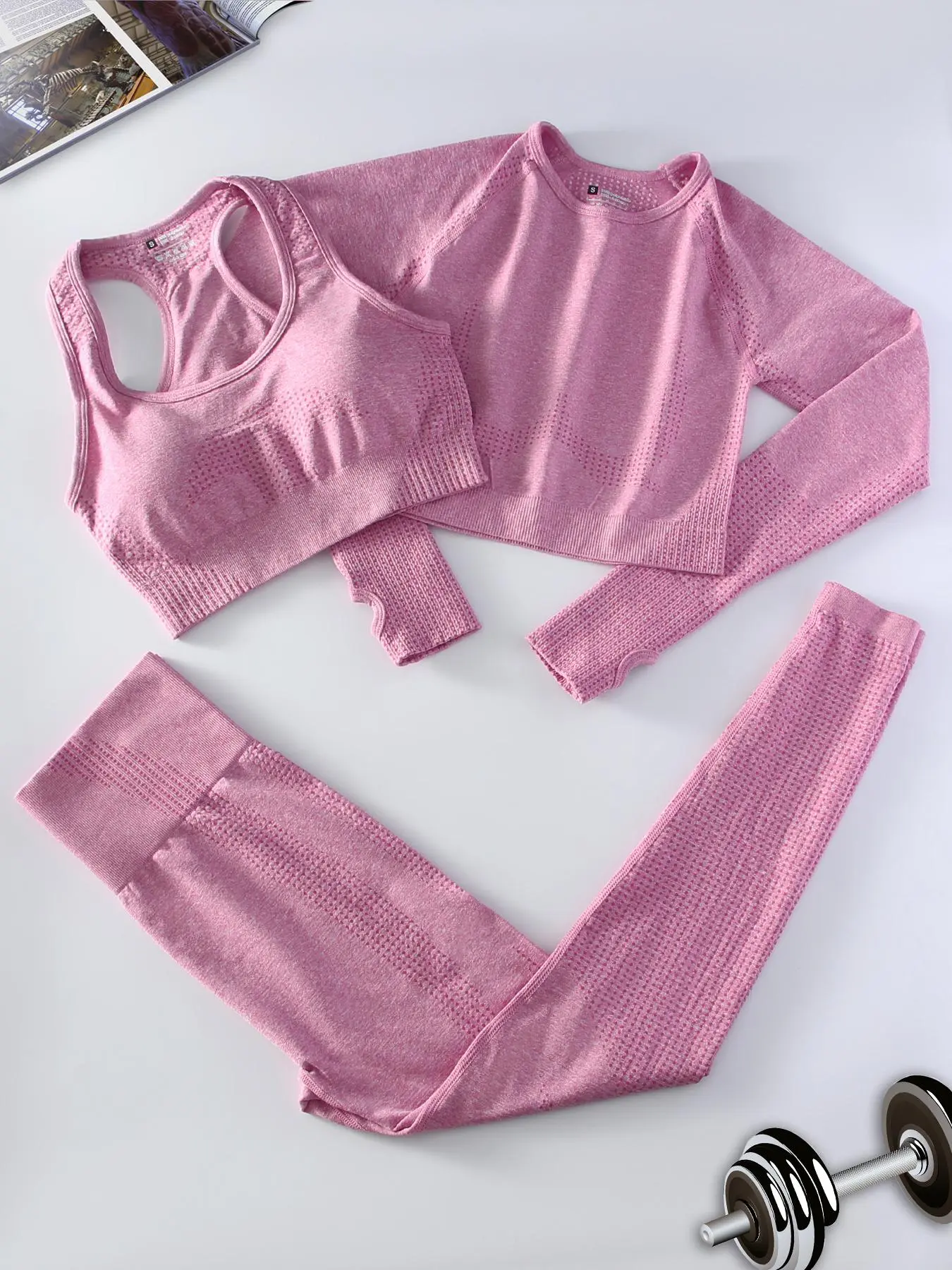Three-piece Set Women's Solid Long Sleeve Crop Top & Bra & High Waist Glam Supersport Leggings Sports Set, Sporty Breathable Comfy Outfits for Yoga Gym Workout Running, Ladies Sportswear for All Seasons, Gym Sets for Women, Tracksuit