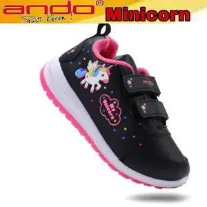 Ando Sepatu Sekolah Anak Cewek Perempuan Minicorn Velcro Tempel Perekat Asli Original Hitam Pink Size 29-32 Fashion