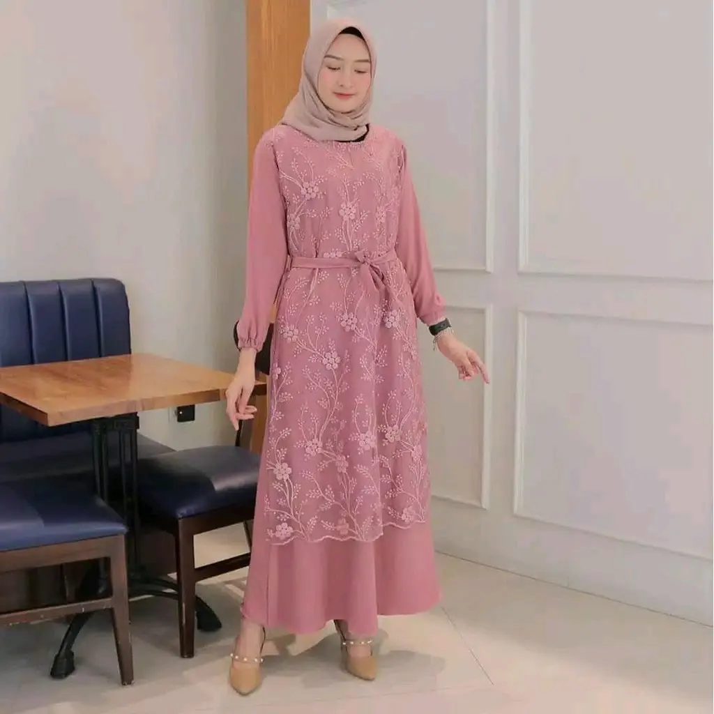 GAMIS BRUKAT SIMPELl/Maxi RINIA /Maxi BUSUI/GAMIS WANITA SELETING DEPAN Fit Formal Maxi  Muslim  Tile  Mutiara Formal Nyaman Dress Kondangan Variasi Pesta Mewah