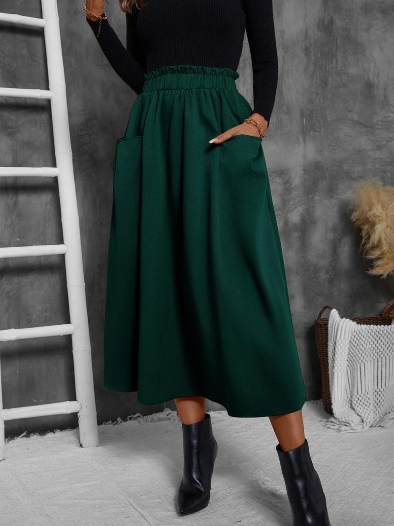 Product Introduction of 【2025】Women's Solid Frill Trim Elastic Waist Skirt, Casual Fashion Pocket A Line Midi Skirt for Daily Outdoor Wear, Women's Bottoms for Spring & Fall 8