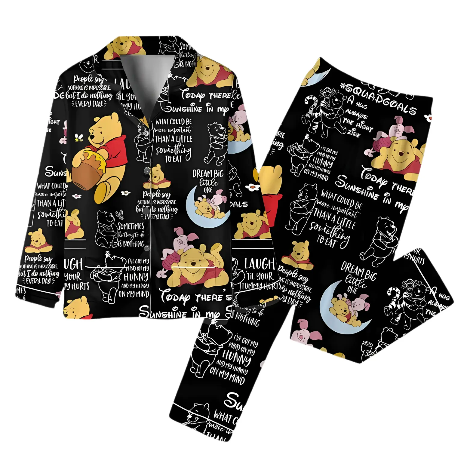 Black Des Winnie The Pooh Pyjamas, Pooh Bear Holiday Pajamas, There's Sunshine In My Soul Pjs, Pooh Bear Sleepwear Shirt, Gift For Her, Cute Loungewear Casual Outfit - Women's Shirts new