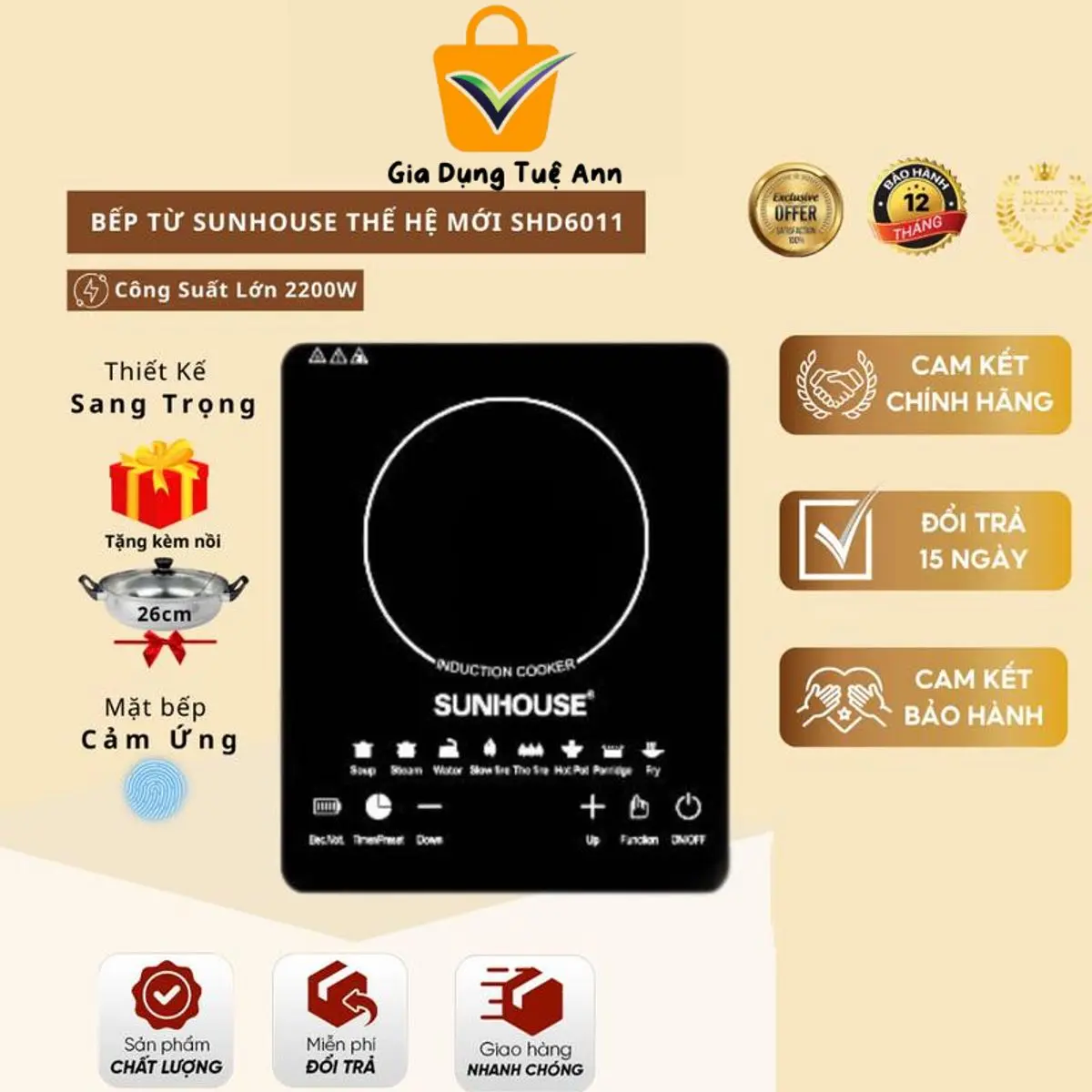 Bếp Từ Cảm Ứng Sunhouse, Công Suất 2200W, Bếp Nấu Đa Năng, Mặt Kính Chịu Lực Sử Dụng Cho Mọi Loại Nồi, Bếp Điện Hồng Ngoại Kèm Nồi Lẩu (Bảo Hành 12 Tháng)