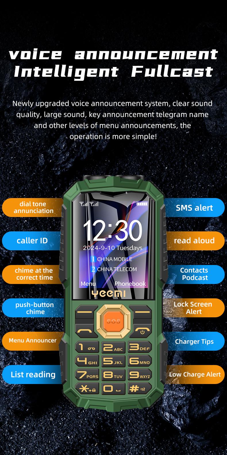 Product Introduction of Yeemi Q7 + điện thoại tính năng 4G chống nước chắc chắn 1.77 inch loa lớn đèn led pin 16800mAh sạc dự phòng điện thoại di động SOS 20