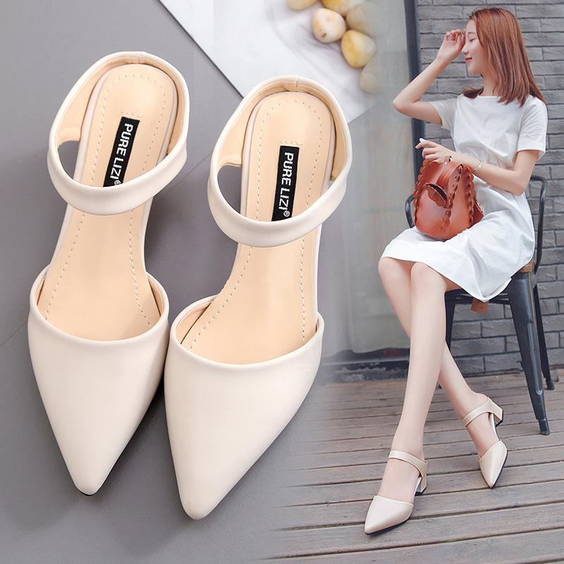 Product Introduction of 2024 Spring and Summer New Slippers Female Pointed Chunky Heel Semi-Slipper 0