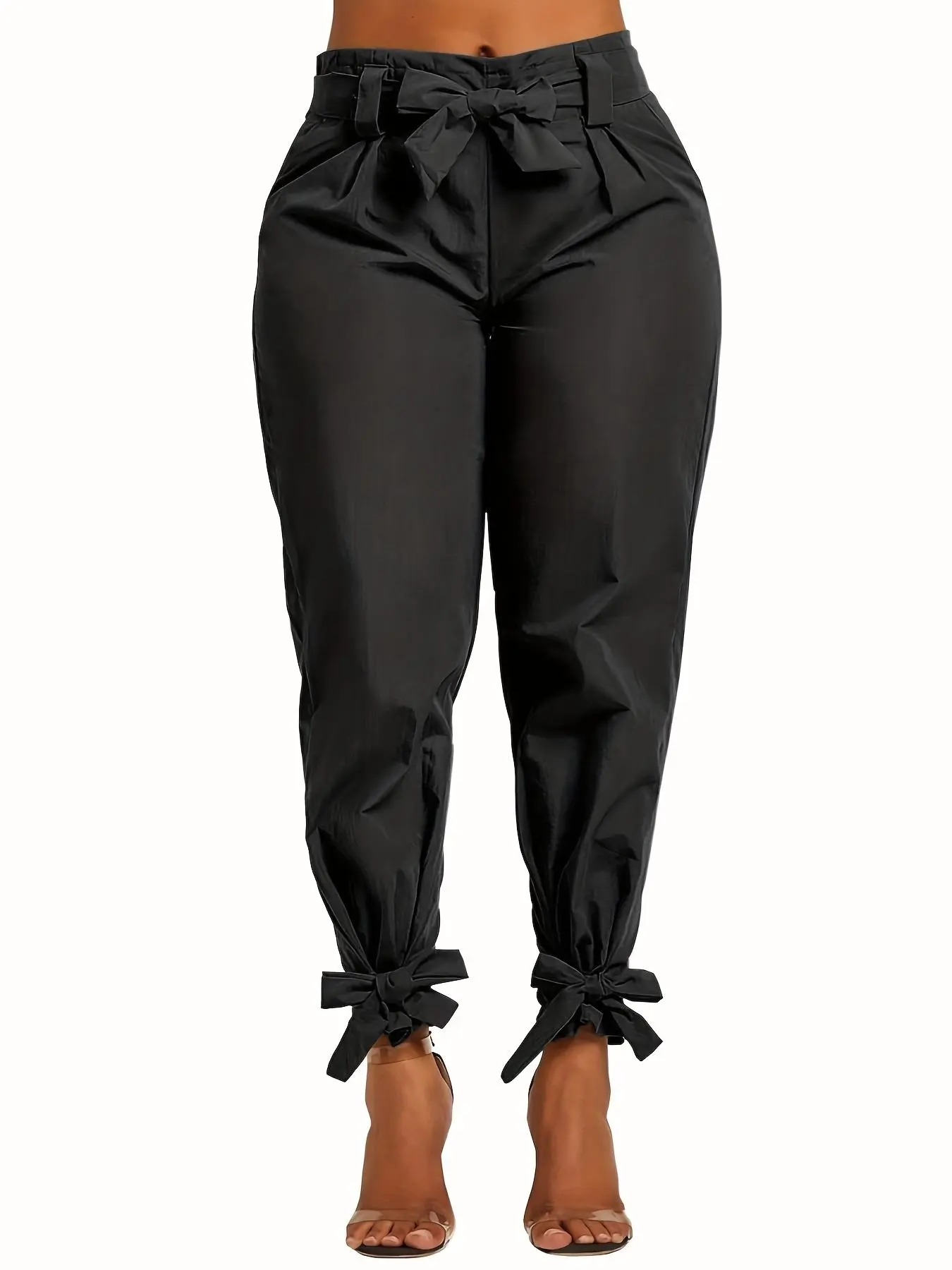 Women's Solid Color Belted Tie Front Carrot Pants, Casual Comfy Elastic Waist Trousers for Fall & Winter, Vibrant Pants Women, Women's Bottoms for Daily Wear, Trousers for Women