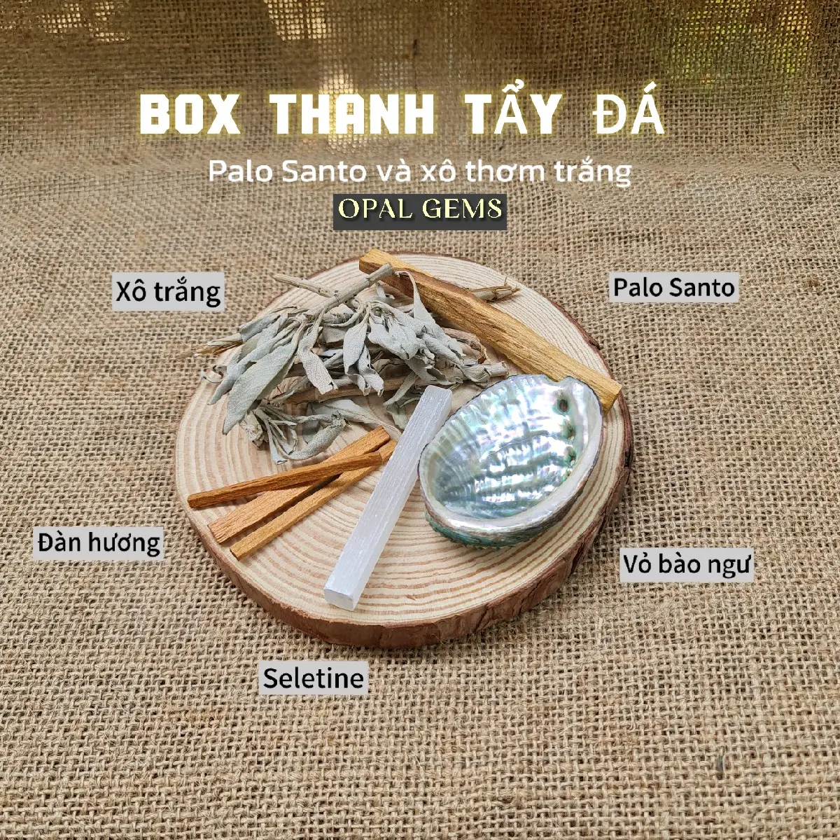 Combo lá xô thơm, gỗ palo santo, Seletine hỗ trợ thanh tẩy và nạp năng lượng cho đá