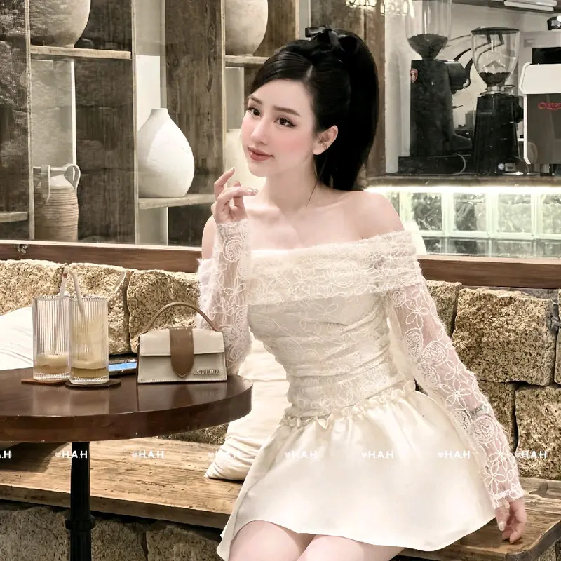 Váy Ren Lưới Trễ Vai Tay Dài Tiểu Thư Siêu Xinh.Hàng Thiết Kế Nữ Women Dress chỉ giặt tay đỏ hồng vaydodonnoel 3