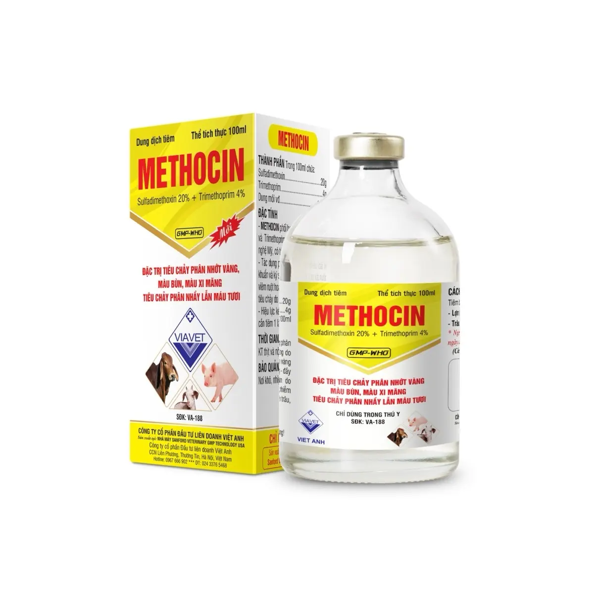 Methocin lọ tiêm 100ml, phân nhớt vàng, màu bùn, màu xi măng, phân nhầy lẫn máu trên vật nuôi