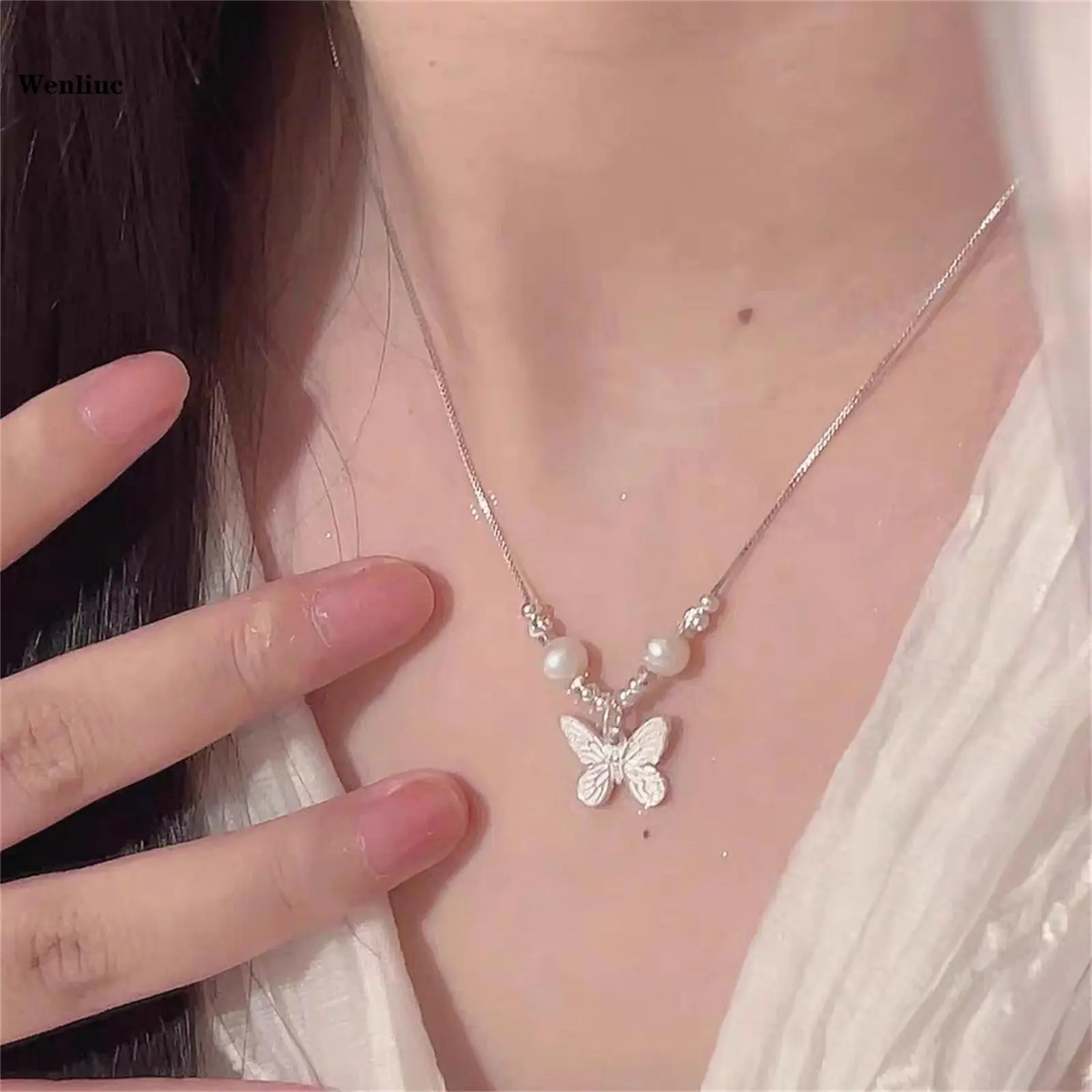 Vòng Cổ Nữ, Chất Liệu Đồng, Hình Bướm, Ngọc Trai Trắng, Thời Trang, Thanh Lịch