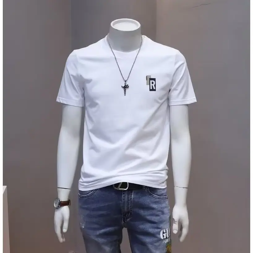 Kemeja-T Lengan Pendek Fesyen Lelaki, Slim-Fit, Barangan Eropah Baru Musim Panas, Leher Bulat, Fesyen