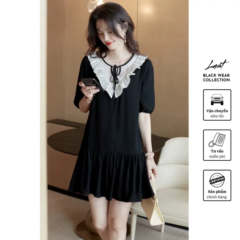 Váy đuôi cá phối cổ trắng thắt nơ LUST - TX03, phong cách thanh lịch, tiểu thư phong cách thời trang Hàn Quốc thời trang dạo phố hiện đại 0