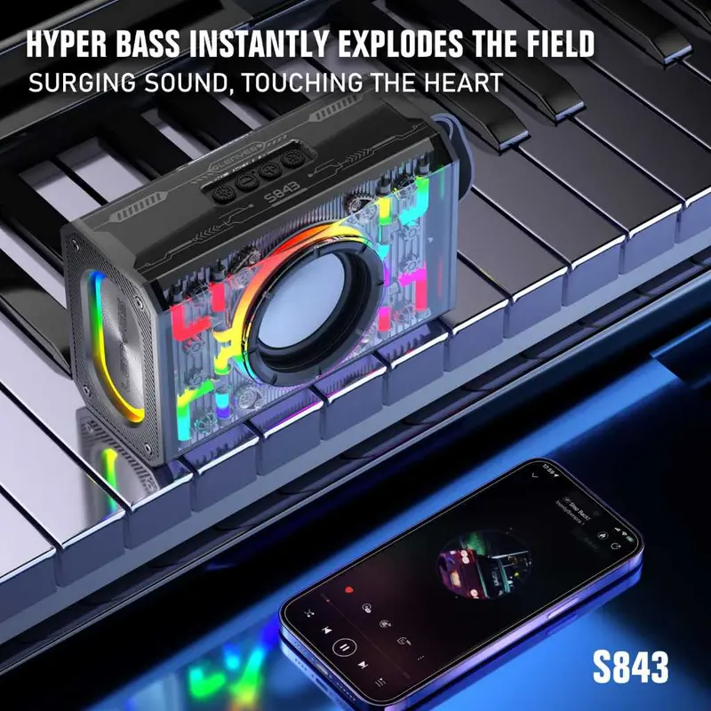 LENYES Speaker Wireless S843 20W RGB Transparan V5.3 HiFi Bass Sound Tws Support FM Radio 3