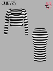CURVZY Plus Size Striped Print Long Sleeve Autumn Aesthetic Crop Tee & Split Thigh Skirt Two-Piece Set, Casual Square Neck T-shirt & High Waist Skirt, Women's Two-piece Outfits for Daily Wear