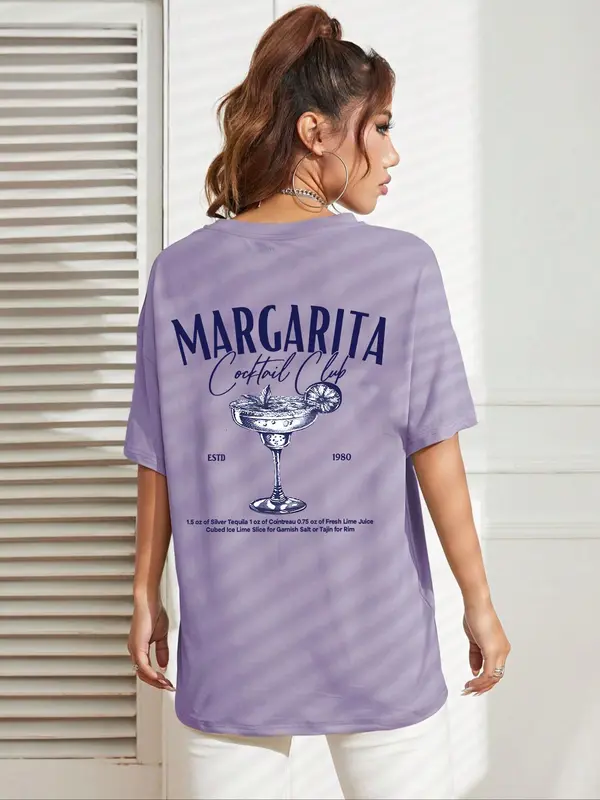 Women's Letter Beverage Graphic Round Neck Graphic Tees, Plus Size Clothes Uk, Fashion Casual Drop Shoulder Short Sleeve T-shirt for Summer Beach Party, Vintage Graphic Tees, Tops for Women, T Shirts for Women, Tops That Hide Stomach, Womenswear 3