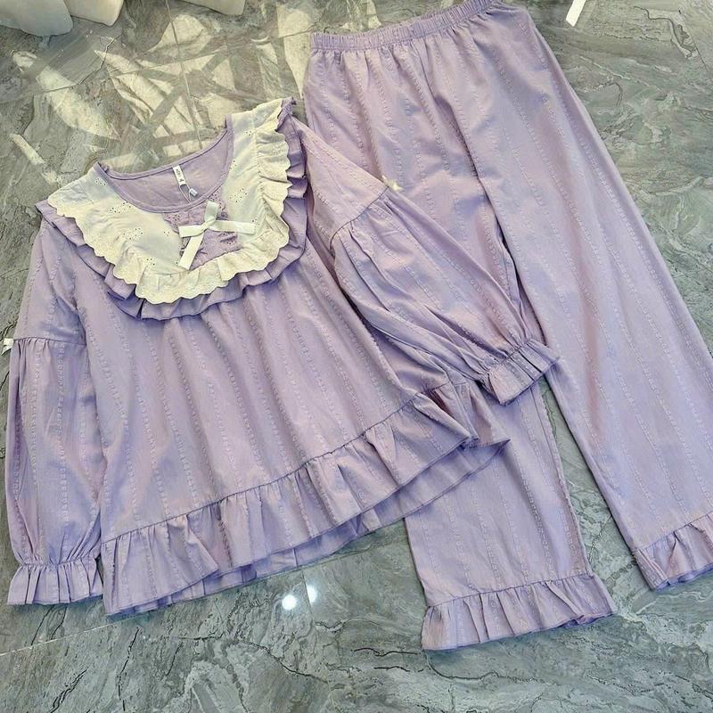 Bộ pizama baby doll thô viền bèo 2 lớp hot hit siêu xinh, Chất liệu thấm hút tốt ít nhăn nhàu Bản dài tay Thu đông Dành cho Nữ by Mộc bikini Women Bo Chun