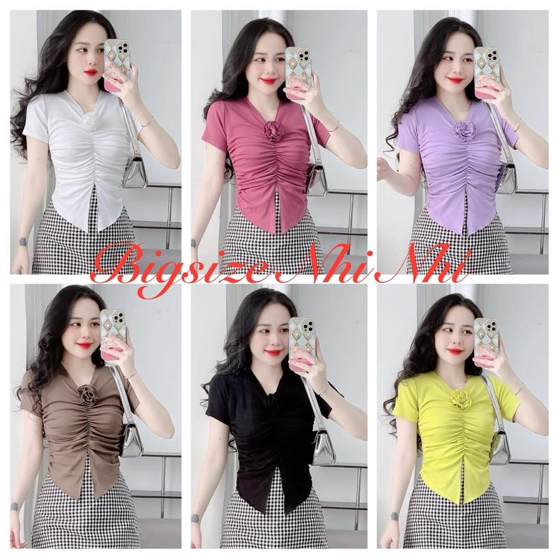 { NEW} Áo tay ngắn nhún trước đính hoa xẻ tà cổ V . MS :214 chất tăm lạnh( full-size :45-85 kg ) Top Women Nữ Thun
