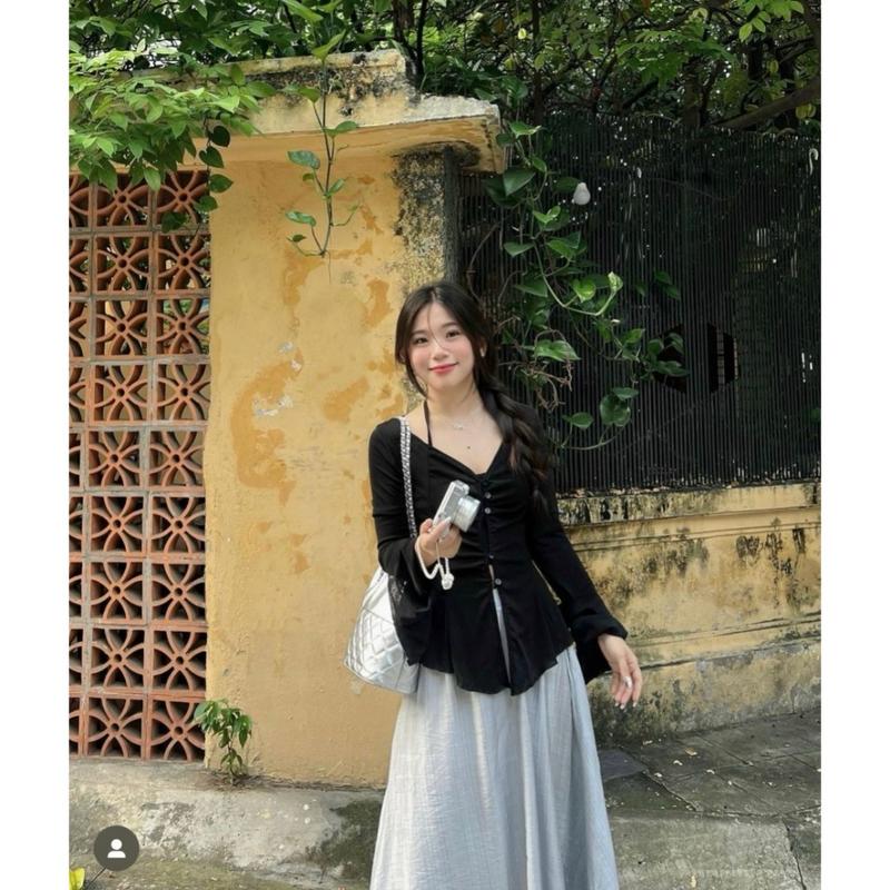 (Có BigSize) Set Áo Thun Gân Đen Tay Loe Và Chân Váy Xòe Xám Nhạt CA084