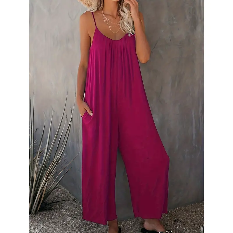 Plus Size Basic Jumpsuit, Women's Plus Solid V Neck Wide Leg Summer Cami Jumpsuit 5
