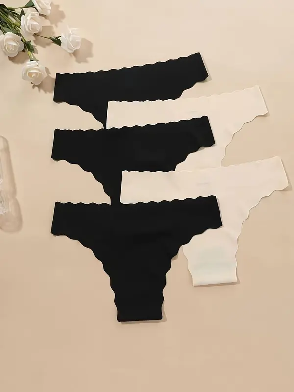 Women's 5pcs Solid Scallop Trim Panty, Soft Comfy Breathable Knicker for Daily Wear, Underwear for All Seasons 1