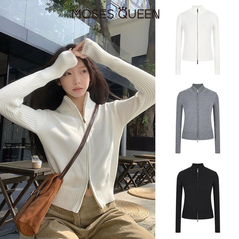 MOSESQUEEN,Áo Cardigan Dệt Kim, Thiết Kế Dây Kéo Đôi, Cổ Đứng Dài Tay, Dáng Rộng Vừa Vặn, Áo Khoác Len Ngắn, Dành Cho Nữ, Hàng Mới Về Mùa Thu Và Mùa Đông #62622