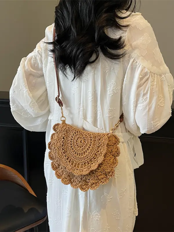 Women's Solid Color Straw Bag, Fashionable Hollow Out Crochet Design Crossbody Bag for Daily Used, Casual Trendy Versatile High-quality Daily Commuting Bag 6