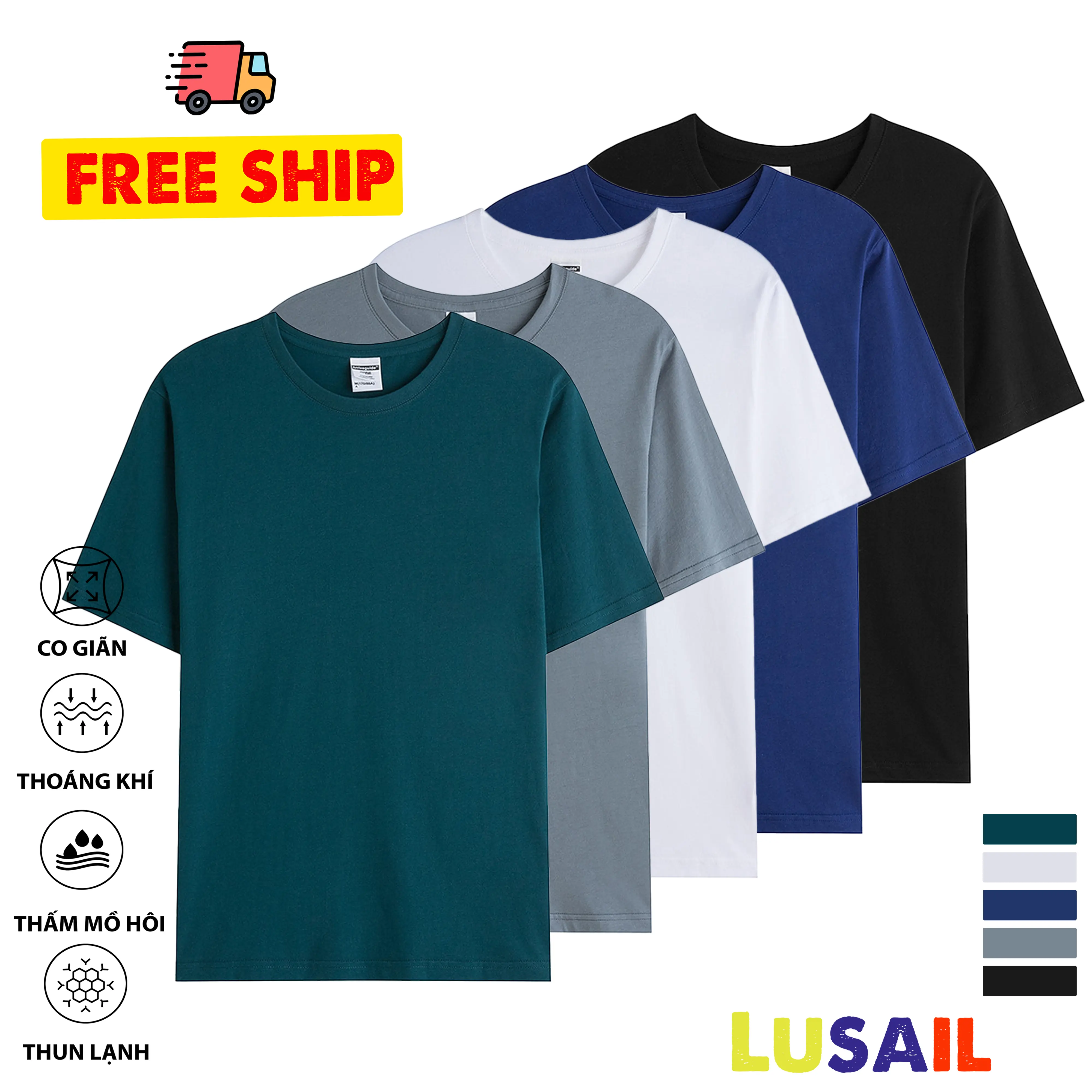 Combo 5 Áo Phông Nam Chất Vải Trơn Thoáng Mát Siêu Rẻ - Polyester, Cổ Tròn, 4 Chiếc