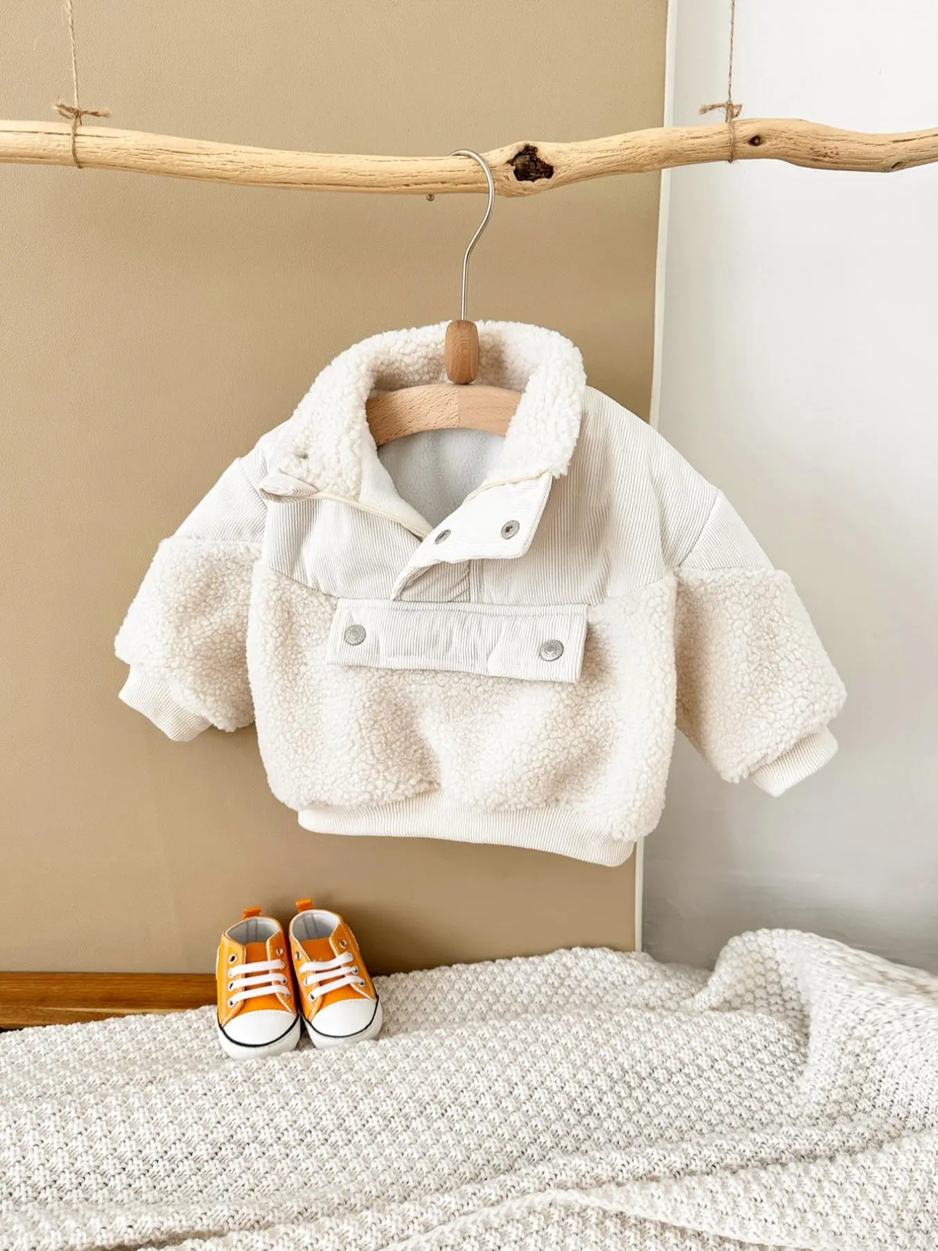 Baby's Patchwork Button Front Polar Fleece Sweatshirt, Cozy Casual Long Sleeve Stand Collar Pullover for Nursery Fall & Winter, Infant Toddler Kids Clothes
