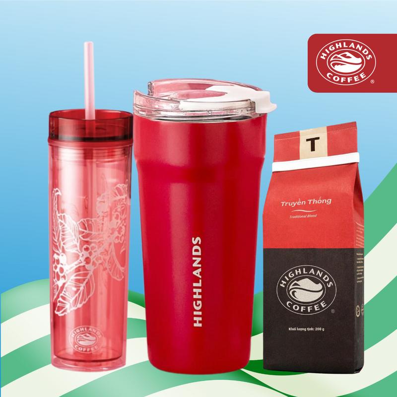[COMBO GIẢM 33%] BST MỚI_LY GIỮ NHIỆT ĐỎ TRƠN CÓ NẮP 500ML + LY CAO ỐNG HÚT HÌNH LÁ CÀ PHÊ + CÀ PHÊ RANG XAY TRUYỀN THỐNG HIGHLANDS COFFEE GÓI 200G