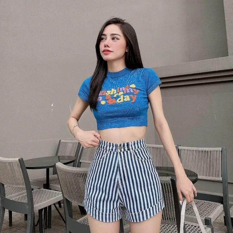 Quần Short Jeans nữ sọc co giãn lưng siêu cao tôn dáng