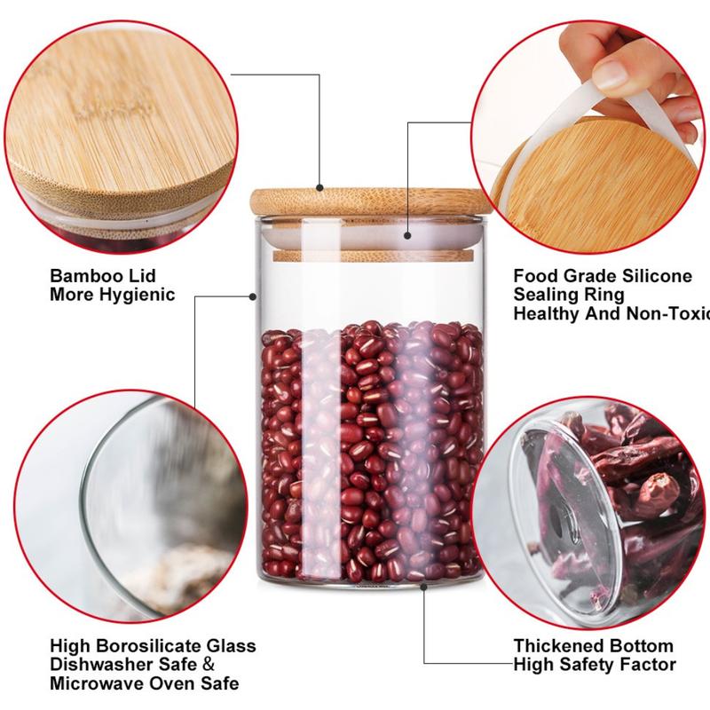 Round Glass Jar Food Storage Airtight Seasoning Bottle Spice Container with Bamboo Lid Bekas Rempah Kaca Kedap Udara 1