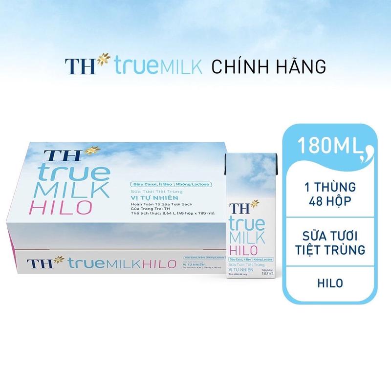 Thùng 48 hộp sữa tươi tiệt trùng TH true MILK HILO vị tự nhiên 180 ml (180 ml x 48) - Hạn sử dụng 11/2025 bà bầu sữa không ngọt sữa true milk bầu true milk hilo không ngũ cốc không đường dalat milk ít sua tuoi nguyên bò tổ tách s uatu Chua bịch xương