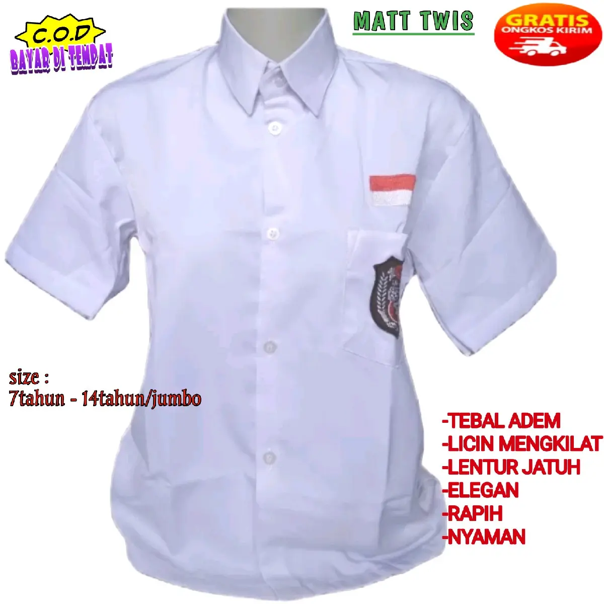ameL Baju putih SD lengan pendek kain TWISS high quality seragam sekolah terbaik Putih Fashion Pria  Casual Cowok Katun