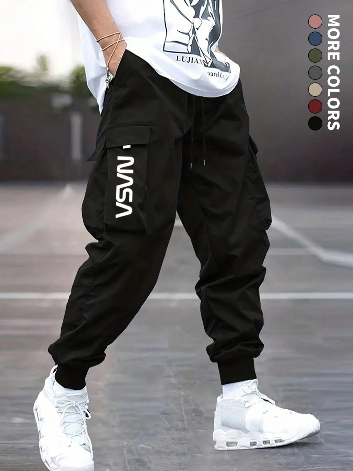 Men's Letter Print Drawstring Waist Cargo Pants, Casual Street Pocket Trousers for Daily Wear, Men's Bottoms for All Seasons