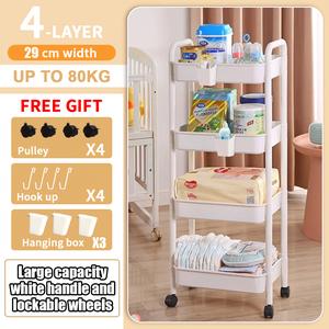 Trolley Cart Organizer 3-Tier Plastic Utility Cart with Handle, Wheels and 3 Hanging Baskets Box Rack Slide Smooth Light Shelf
