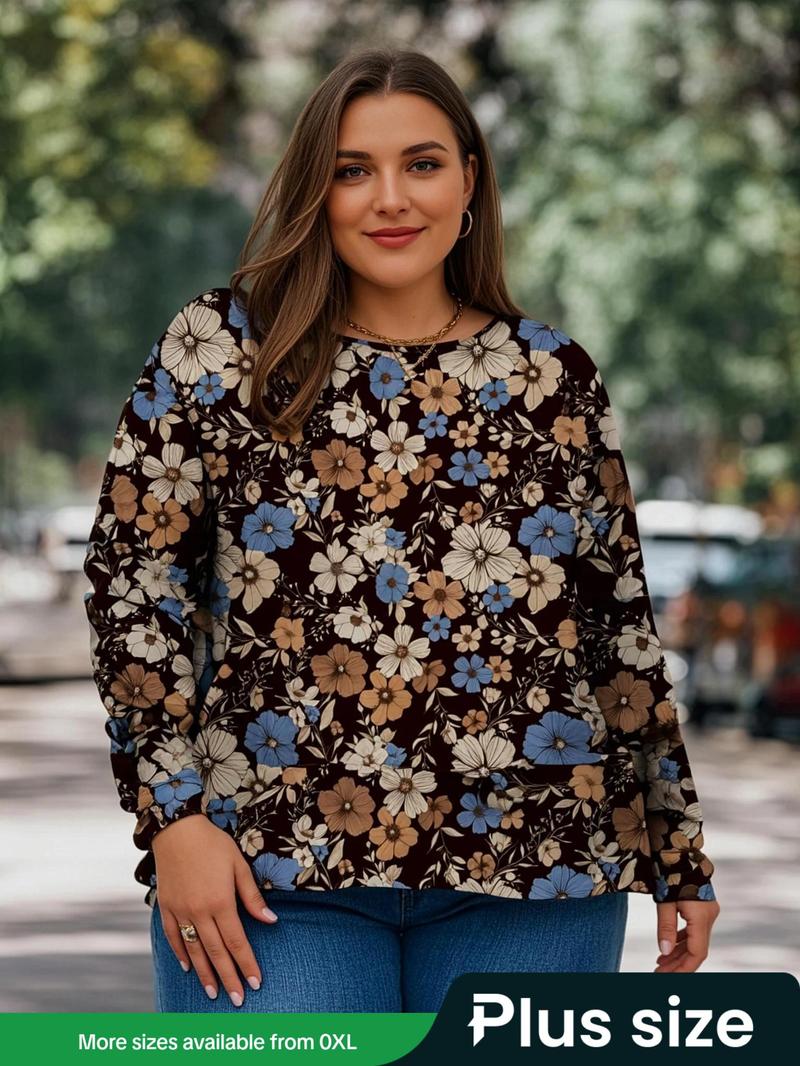Product Introduction of 【Plus Size】 Floral Print Round Neck Tee, Casual Long Sleeve T-shirt for Daily Wear, Women Plus Clothing for Spring 1