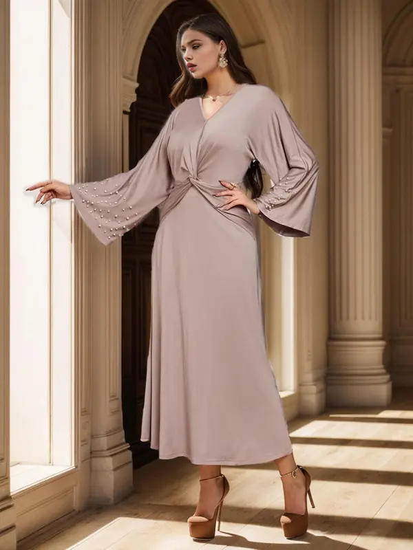 Women's Plain Twist Wrap V Neck A Line Dress, Elegant Long Sleeve Long Dress for Spring & Fall, Eid Outfits for 2024, Women's Clothing for Party Banquet 3