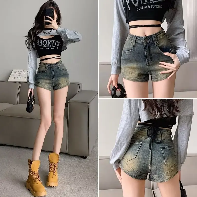 Quần Soóc Siêu Ngắn Denim Cạp Cao Phong Cách Cổ Điển Mỹ Mới 2024 Quần Soóc Nữ Mùa Hè Thường Ngày Dáng Ôm Bó Sát Quần Soóc Cô Gái Nóng Bỏng Quần Hot Chữ A Thẳng Pants Jean Women Lưng Cao 1