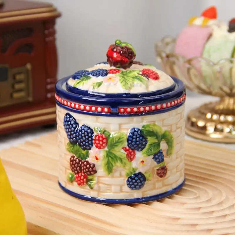 Fruit Pattern Ceramic Storage Jar, 1 Count Exquisite Hand Painted Seasoning Jar, Food Storage Container for Home Kitchen Dining Room, Utensils 4