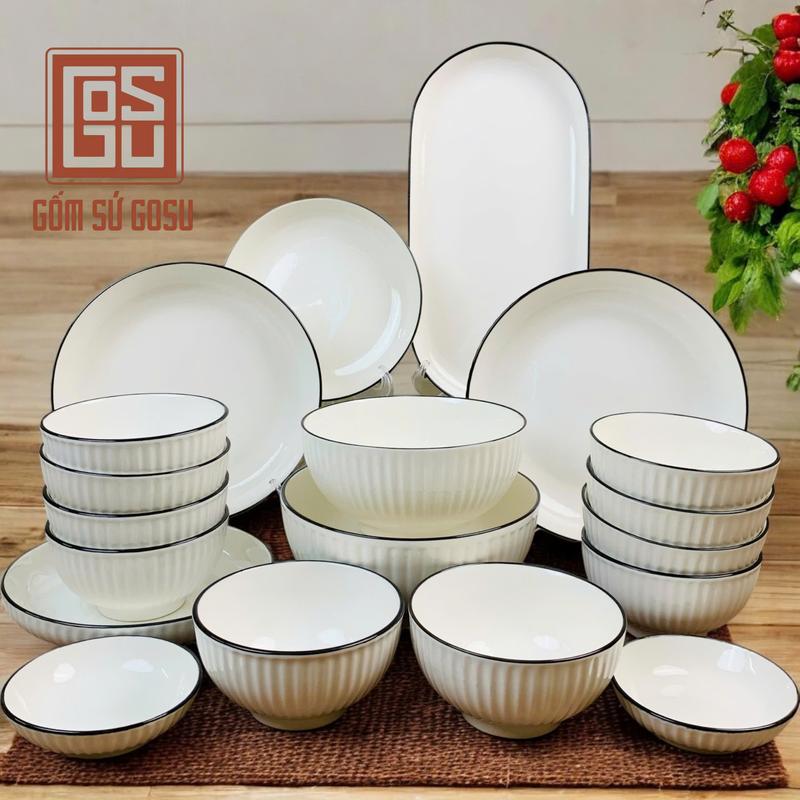 Gốm Sứ Gosu Bộ bát đĩa sứ cao cấp trắng viền đen - Phù hợp cho mọi gia đình chịu nhiệt tốt