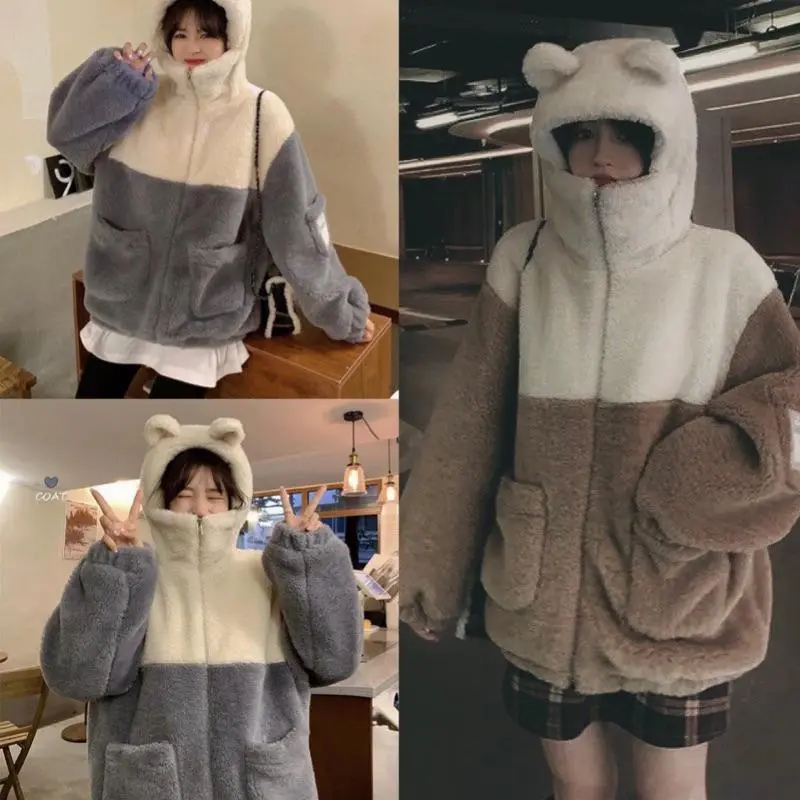 Áo Khoác Lông Cừu Mũ Tai Gấu, Áo lông cừu mượt mà form rộng unisex nam nữ phối màu túi vuông dễ thương hàn quốc áo khoác lông mặc ở nhà ấm áp, SUSU NUNU