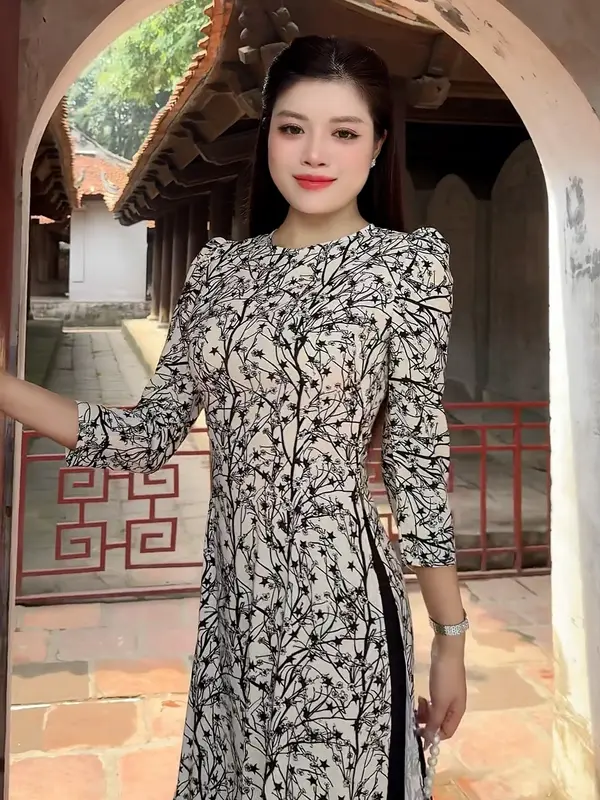 Áo dài hoa sao, hoa nhí đen cổ tròn, tay phồng thanh lịch - Áo dài Nữ dáng truyền thống - Mã HN05 4