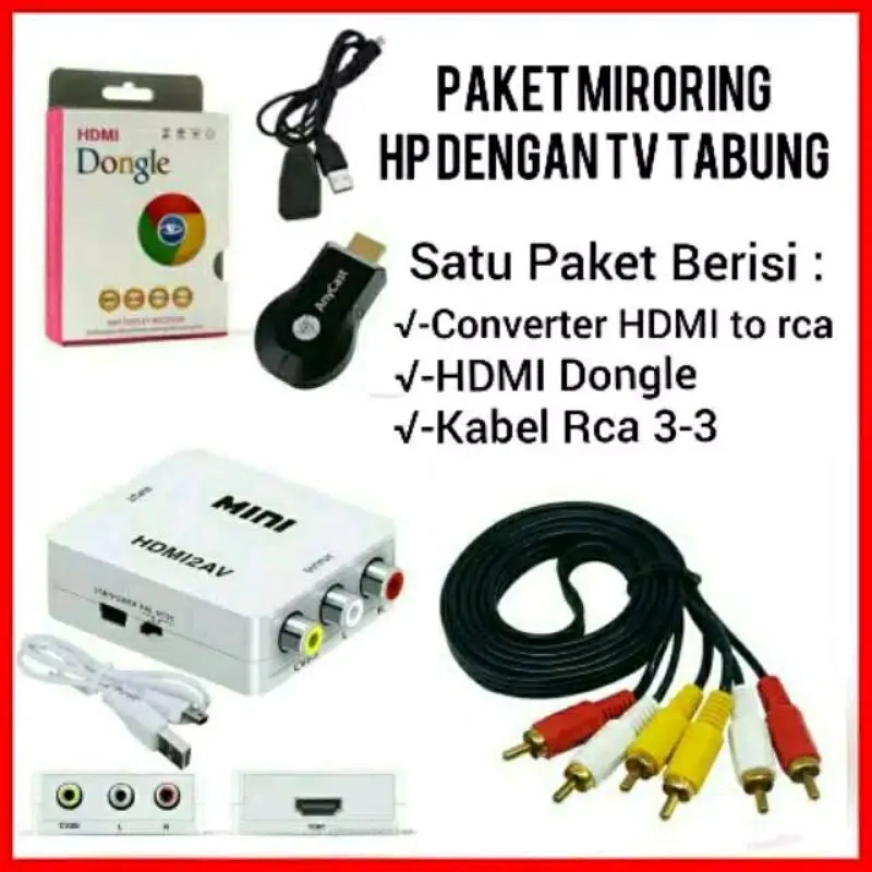 paket Alat Penghubung Hp ke Tv Tabung Anycast HDMI to Kabel RCA Paket 1