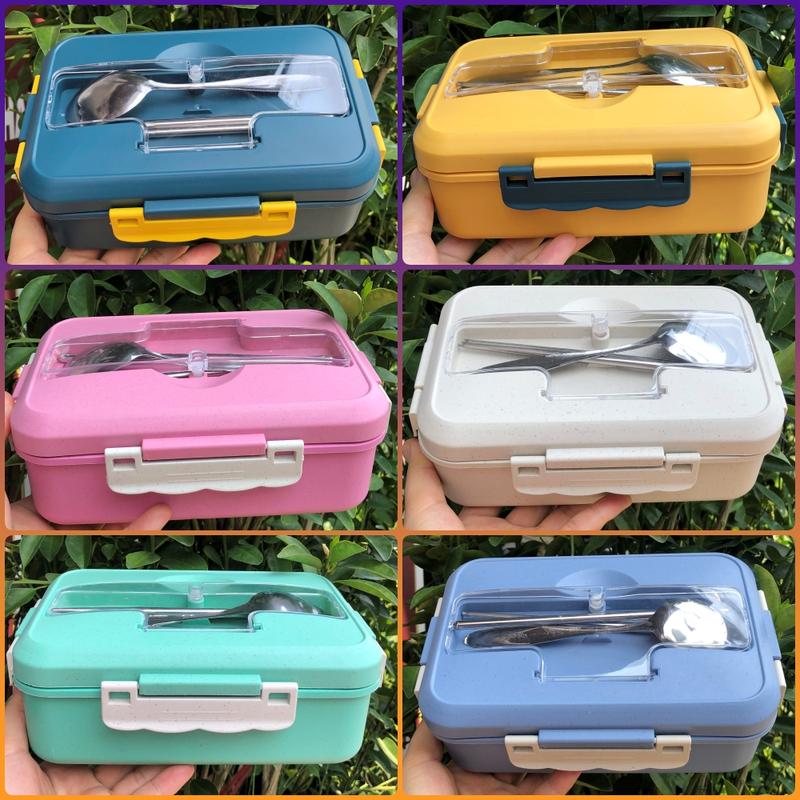 [CHỌN MÀU]Hộp Đựng Cơm Nhựa Lúa Mạch 3 Ngăn Tặng Kèm Muỗng Đũa - Hộp cơm văn phòng