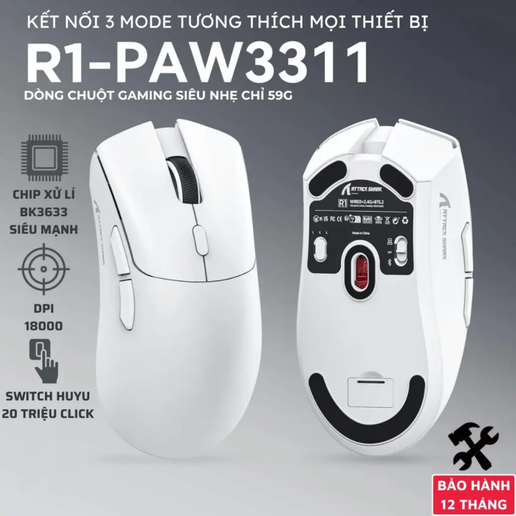 Chuột Gaming Không Dây Attack Shark R1 Siêu Nhanh, Nhẹ Paw3311 Cực Mạnh 3 Mode Bluetooth/2.4G/Type-C | BigBuy360 - bigbuy360.vn