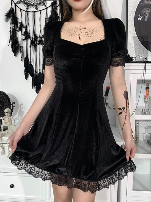 Women's Plain Ruched Lace Trim Sweetheart Neck Dress, Punk Fashion Short Sleeve A Line Dress for Party Holiday Vacation, Ladies Summer Clothes Valentine's Day, gift 0